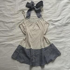 Axes Femme cream and navy gingham bow tank top Size Medium